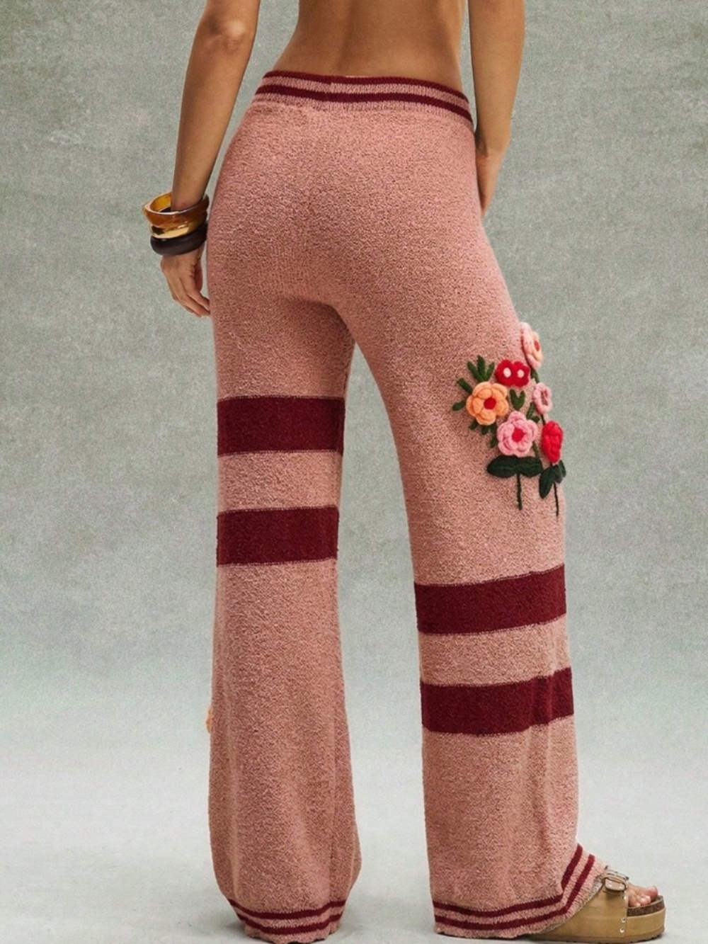 Cozy Floral Crochet Striped Straight leg Drawstring Pants - Picture 5 of 5